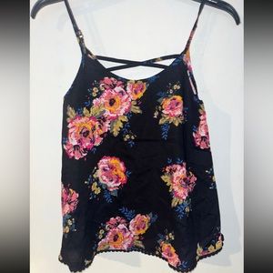 Mudd Tank Top Girls Size 12 Black Floral High Neck Spaghetti Strap Tassel Trim